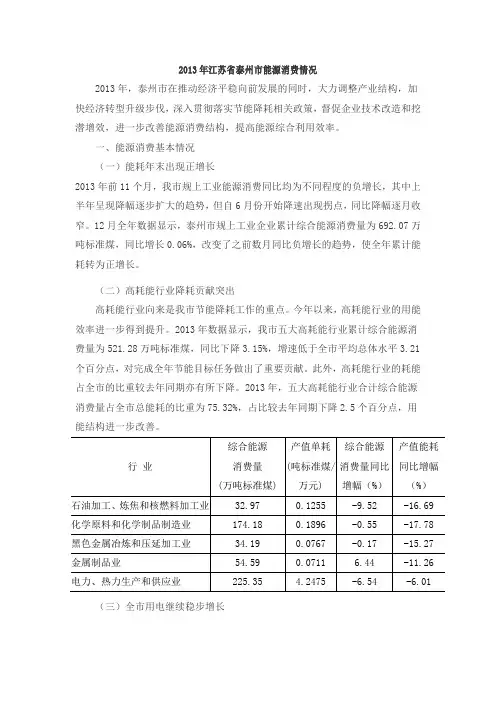 2013年江苏省泰州市能源消费情况