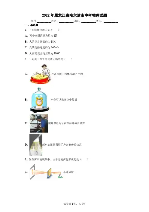 【中考真题】2022年黑龙江省哈尔滨市中考物理试卷(附答案)