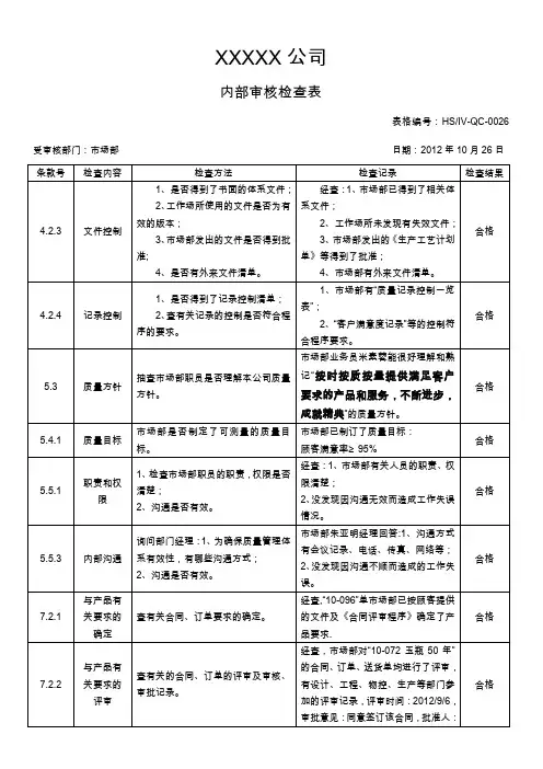 ISO9001内审检查表-市场-