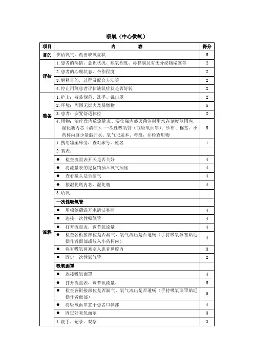 吸氧（中心供氧）操作流程及评分标准