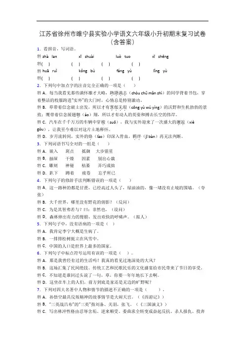 江苏省徐州市睢宁县实验小学语文六年级小升初期末复习试卷(含答案)