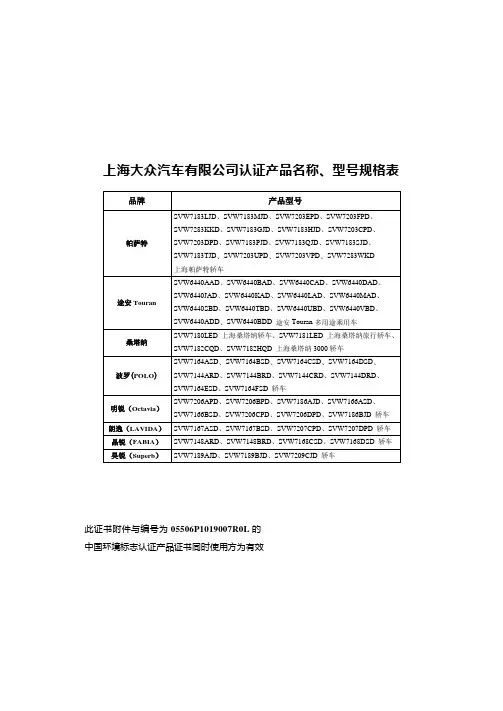 上海大众汽车有限公司认证产品名称