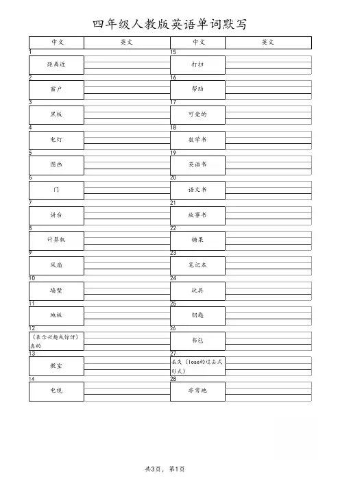 2025最新四(上)英语(人教PEP)默写-单词默写