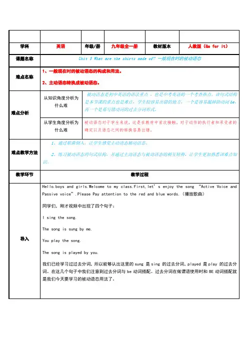 Unit 5 What are the shirts made of 一般现在时被动语态 教案