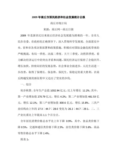 2009年商丘市国民经济和社会发展统计公报