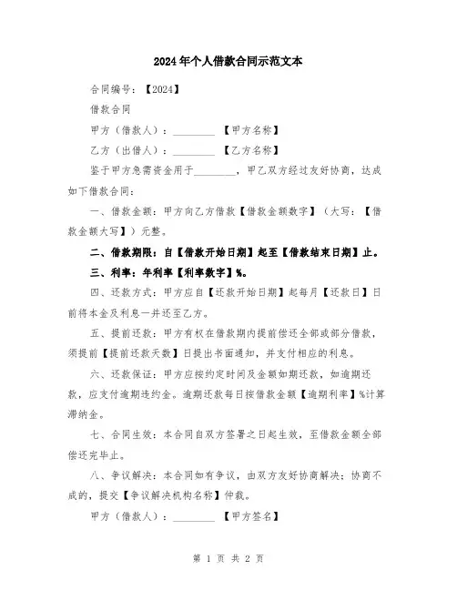 2024年个人借款合同示范文本