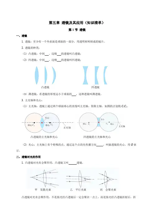 第五章透镜及其应用(知识清单)八年级物理上册(人教版)(学生版)