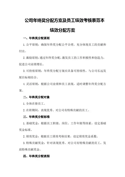 公司年终奖分配方案及员工绩效考核表范本绩效分配方案