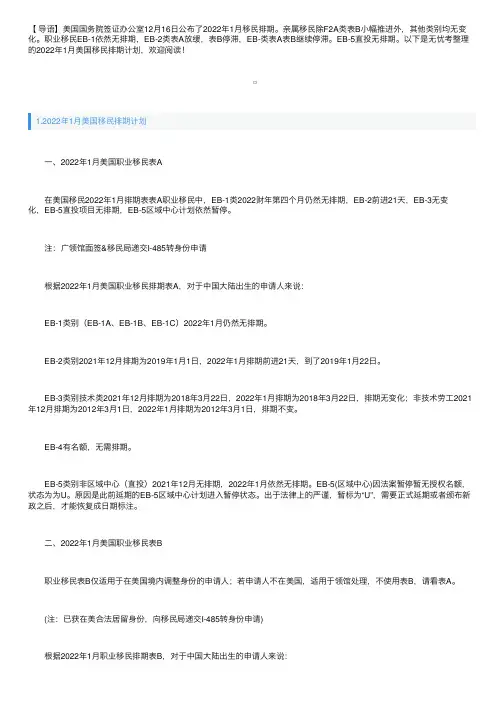 2022年1月美国移民排期计划