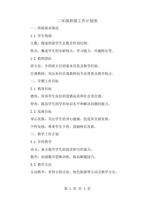 二年级班级工作计划表
