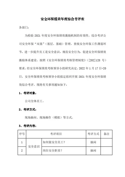 安全环保绩效年度综合考评表