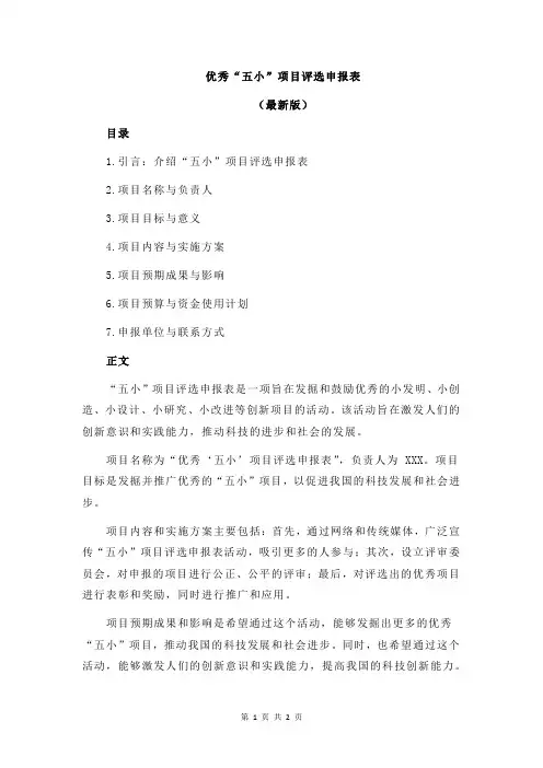 优秀“五小”项目评选申报表