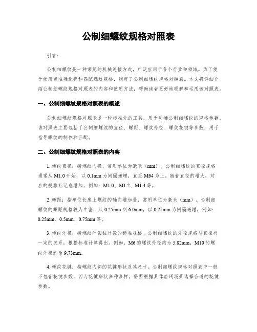 公制细螺纹规格对照表
