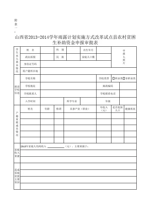 山西省雨露计划实施方式改革试点县农村贫困生补助资金申报审批表