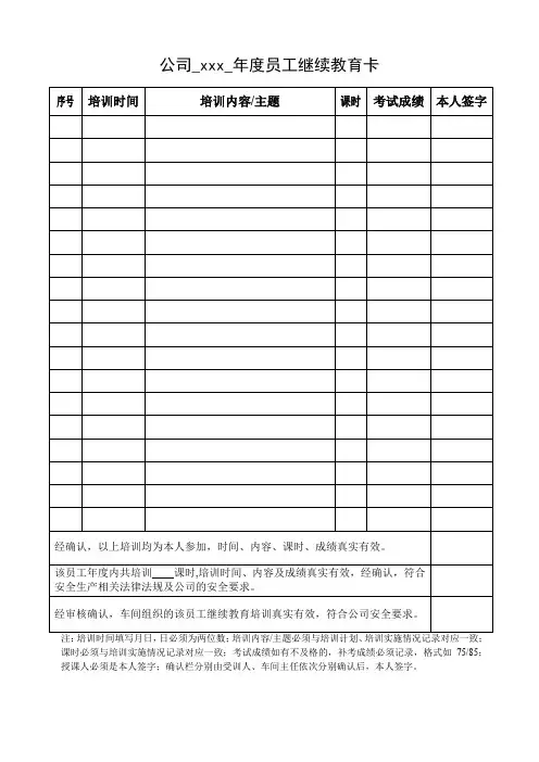 公司员工继续教育卡(三级教育培训再教育)
