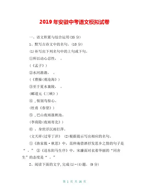 2019年安徽中考语文模拟试卷