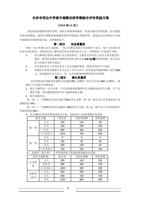 高中部肄业班学期综合评价奖励方案(2018年12月)