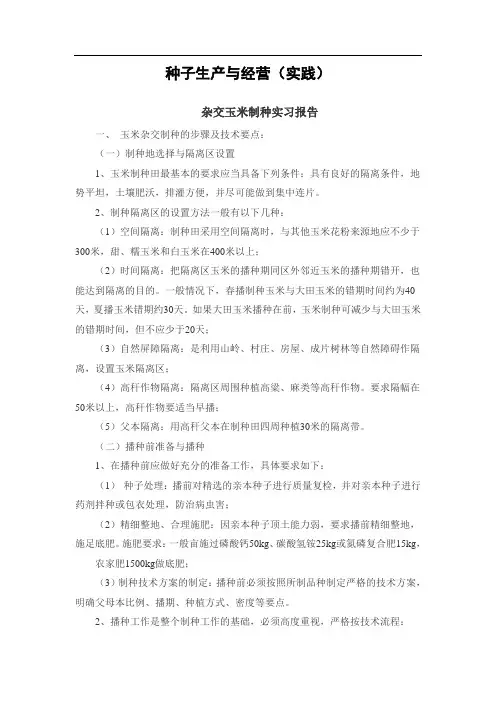 《种子生产与经营(实践)(专升本)》杂交玉米制种实习报告