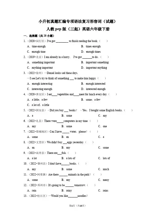 小升初真题汇编专项语法复习形容词(试题)人教pep版(三起)英语六年级下册