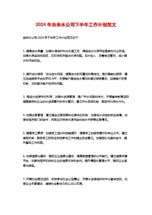 2024年自来水公司下半年工作计划范文