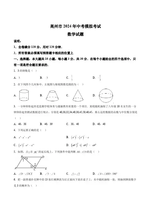 广东省茂名市高州市2024届九年级下学期中考一模数学试卷(含答案)