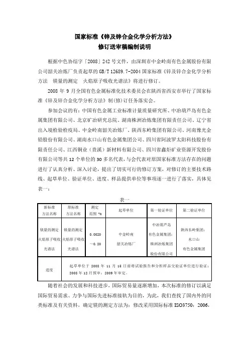 国家标准《锌及锌合金化学分析方法 镁量的测定 火焰原子吸收光谱法》(送审稿)编制说明