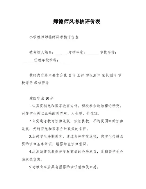 师德师风考核评价表