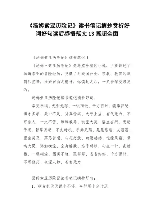 《汤姆索亚历险记》读书笔记摘抄赏析好词好句读后感悟范文13篇超全面