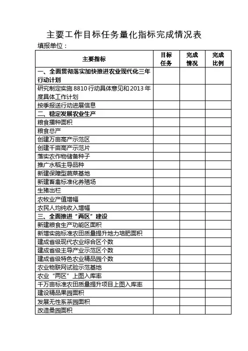 主要工作目标任务量化指标完成情况表