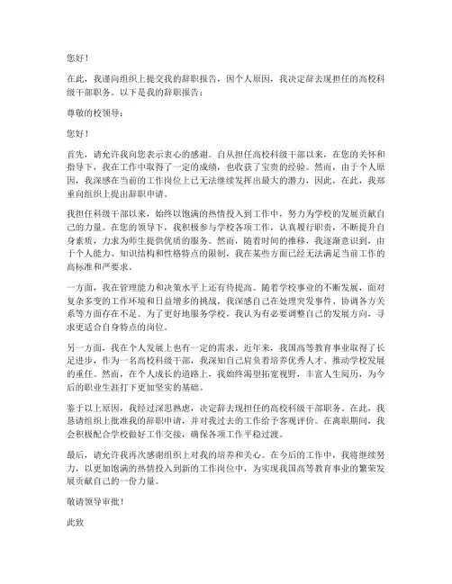 高校科级干部辞职报告范文