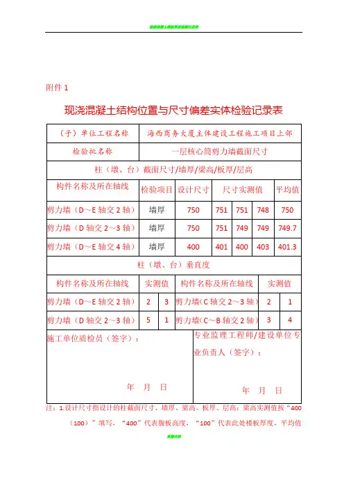 现浇混凝土结构位置与尺寸偏差实体检验记录表