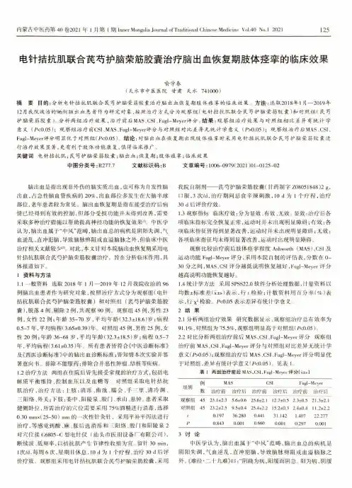 电针拮抗肌联合芪芍护脑荣筋胶囊治疗脑出血恢复期肢体痉挛的临床效果