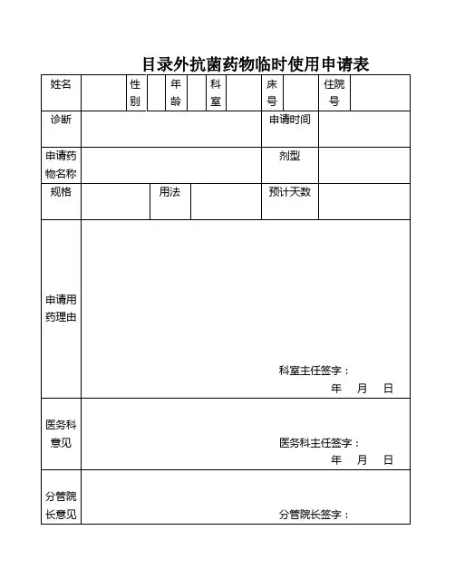 目录外抗菌药物临时使用申请表