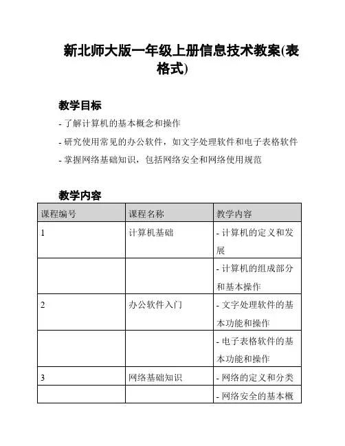 新北师大版一年级上册信息技术教案(表格式)
