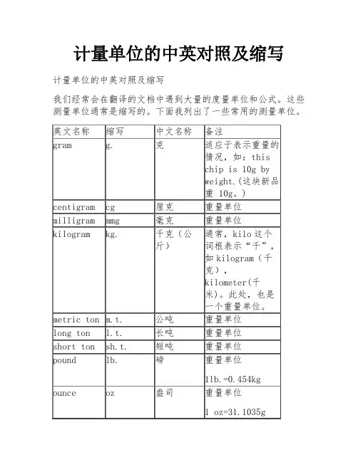 计量单位的中英对照及缩写