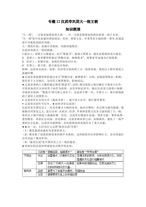 历史七年级上册期末高分突破讲练复习(部编版)专题12汉武帝巩固大一统王朝(解析版)