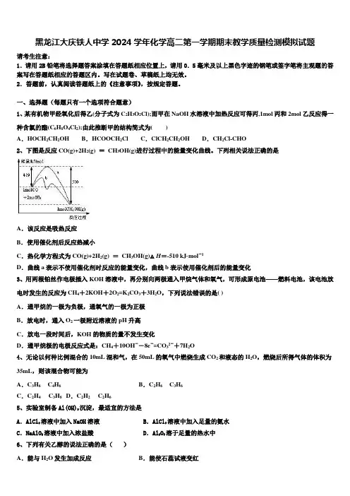 黑龙江大庆铁人中学2024学年化学高二第一学期期末教学质量检测模拟试题含解析
