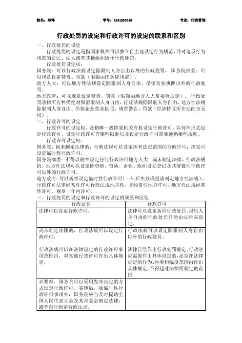 行政处罚的设定和行政许可的设定的联系和区别