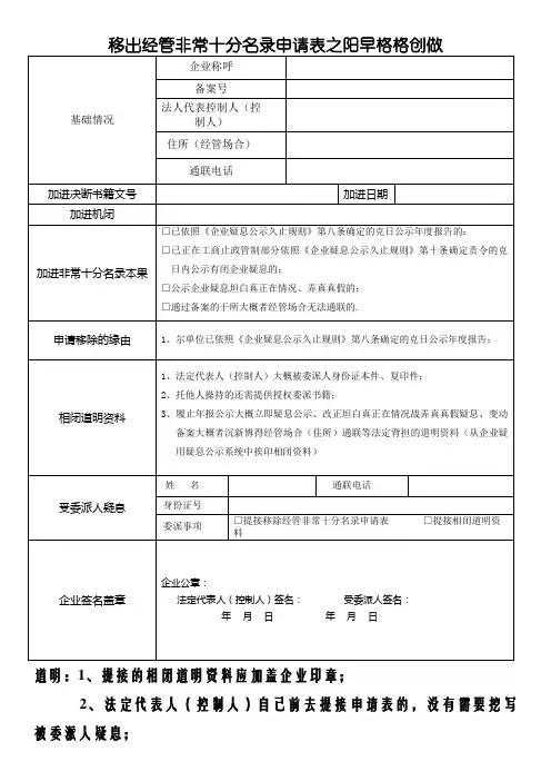 企业移出经营异常名录申请表