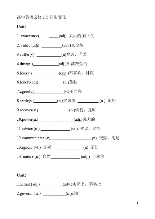 高中英语必修1-5词形变化(语法填空)