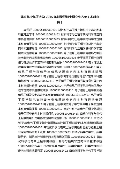 北京航空航天大学2015年拟录取博士研究生名单（本科直博）