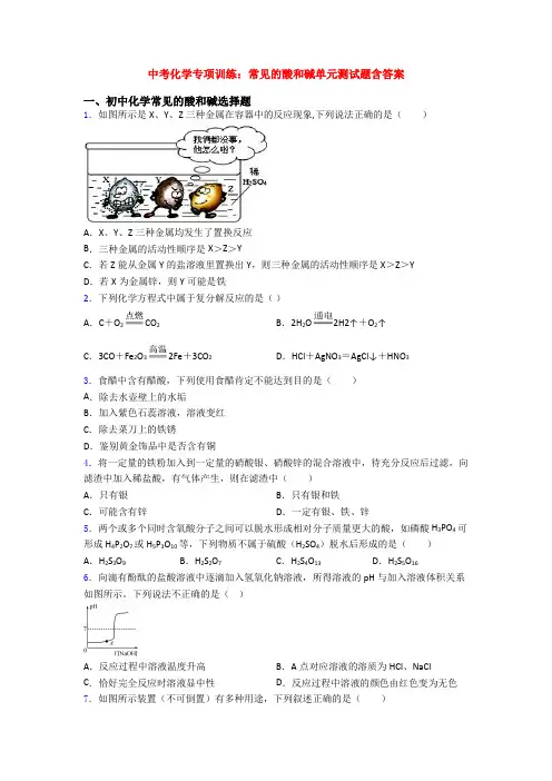 中考化学专项训练：常见的酸和碱单元测试题含答案