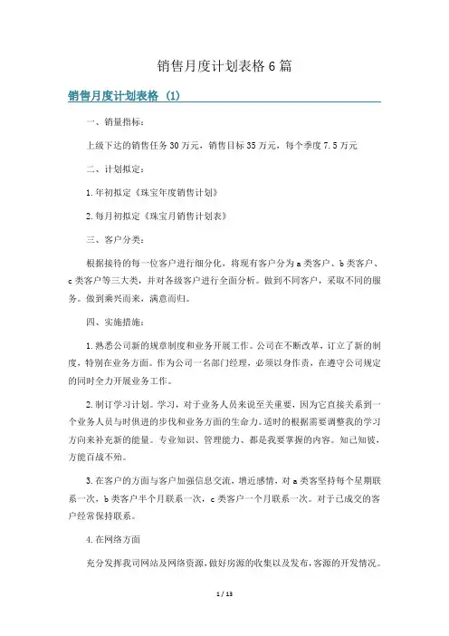 销售月度计划表格6篇