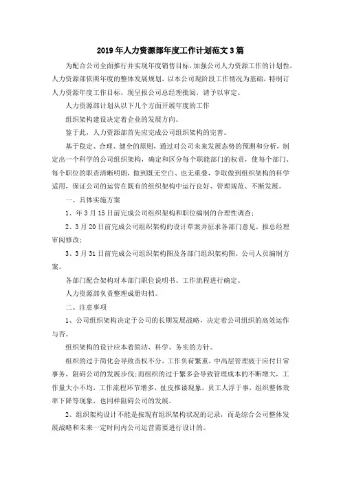 最新-2019年人力资源部年度工作计划范文3篇 精品