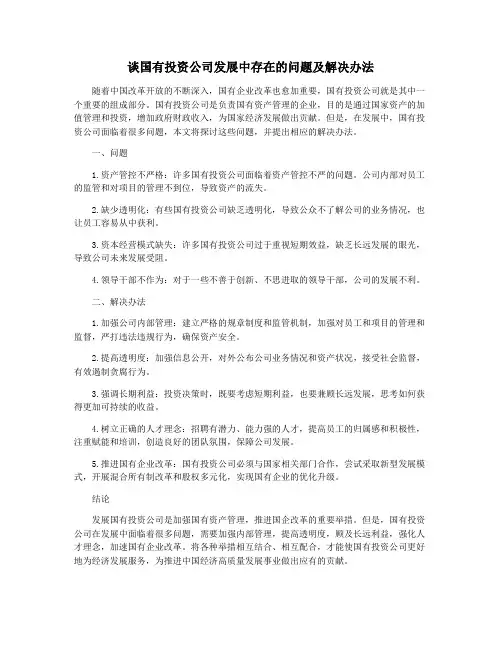 谈国有投资公司发展中存在的问题及解决办法