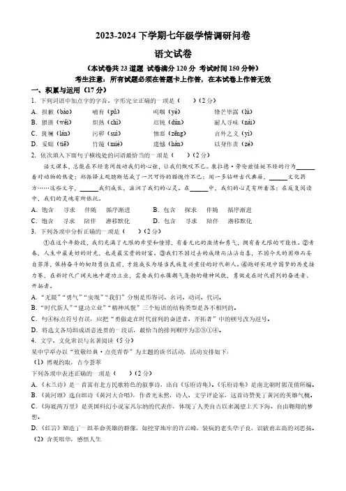 辽宁省沈阳市2023-2024学年七年级下学期期末语文试题(含答案)