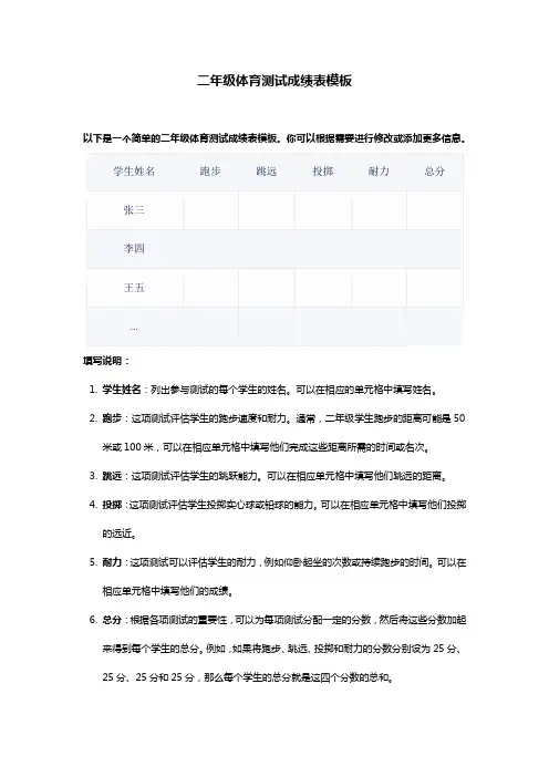 二年级体育测试成绩表