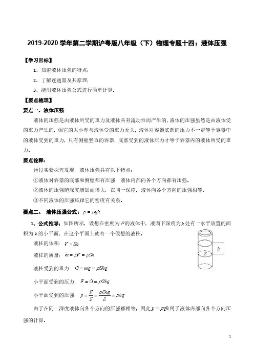 2019-2020学年八年级物理下册 专题十四 液体压强知识点总结及习题精练(pdf,含解析)粤教沪版