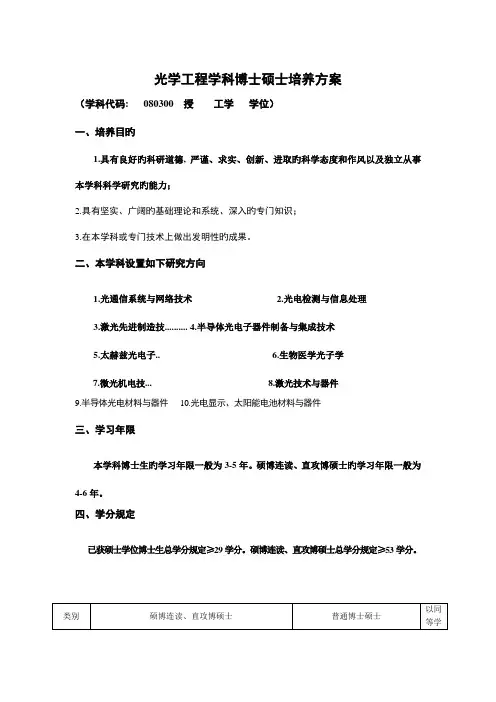 光学工程学科博士研究生培养方案
