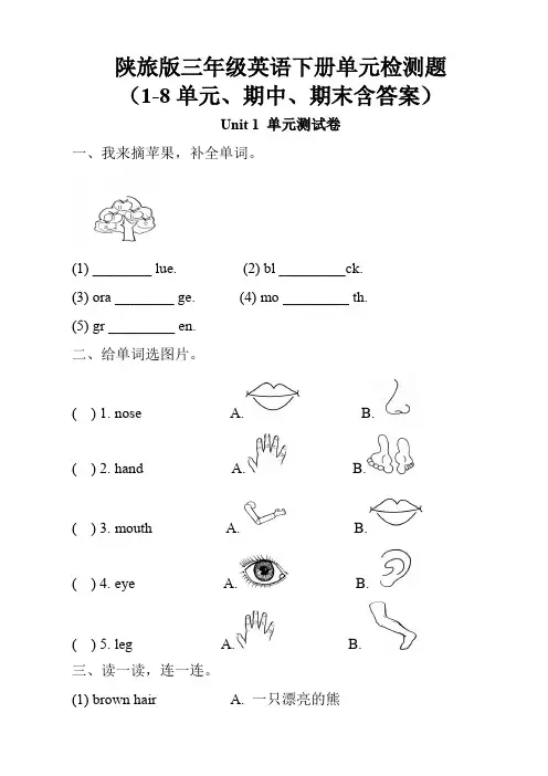 最新陕旅版英语三年级下册单元测试卷(1-8单元全有答案)